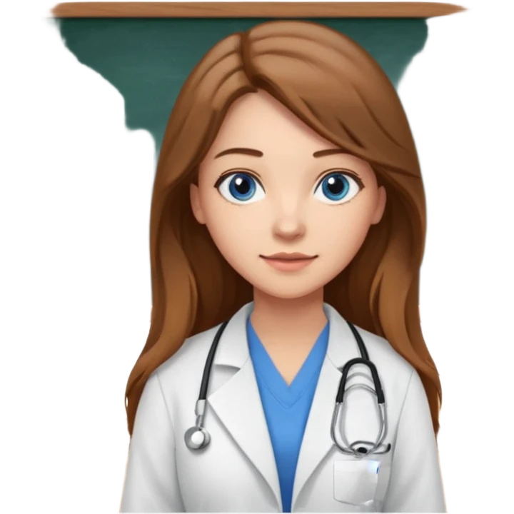 pretty female nursing student with long brown hair, blue eyes inside a classroom at university with blackboard behind her emoji