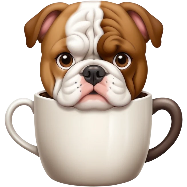 English bulldog looking at a coffee cup emoji
