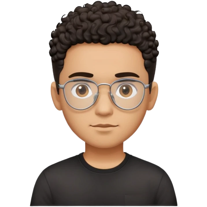 Young Latino male with small oval face, prominent forehead, aviator eyeglasses with metal frames, completely shaved sides with minimal dark curly hair on top only, gentle neutral expression, brown skin tone, simple black t-shirt emoji