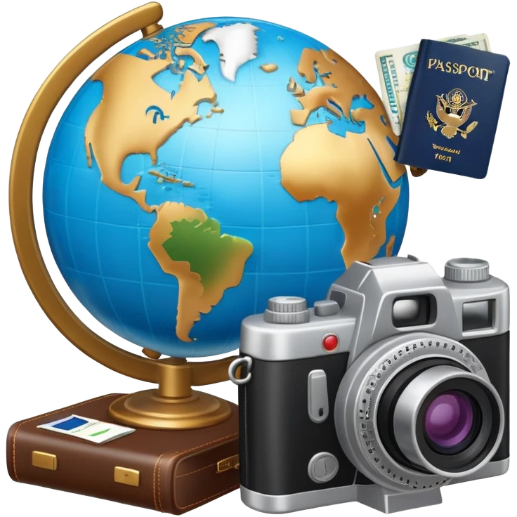Globe with passport and camera, world travel emoji