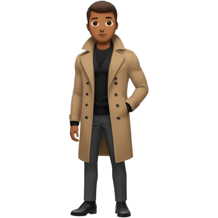 Handsome Black guy with brown skin tone, with lean muscular build, wearing black slacks, a gray sweater, long brown pea coat, and black shoes emoji