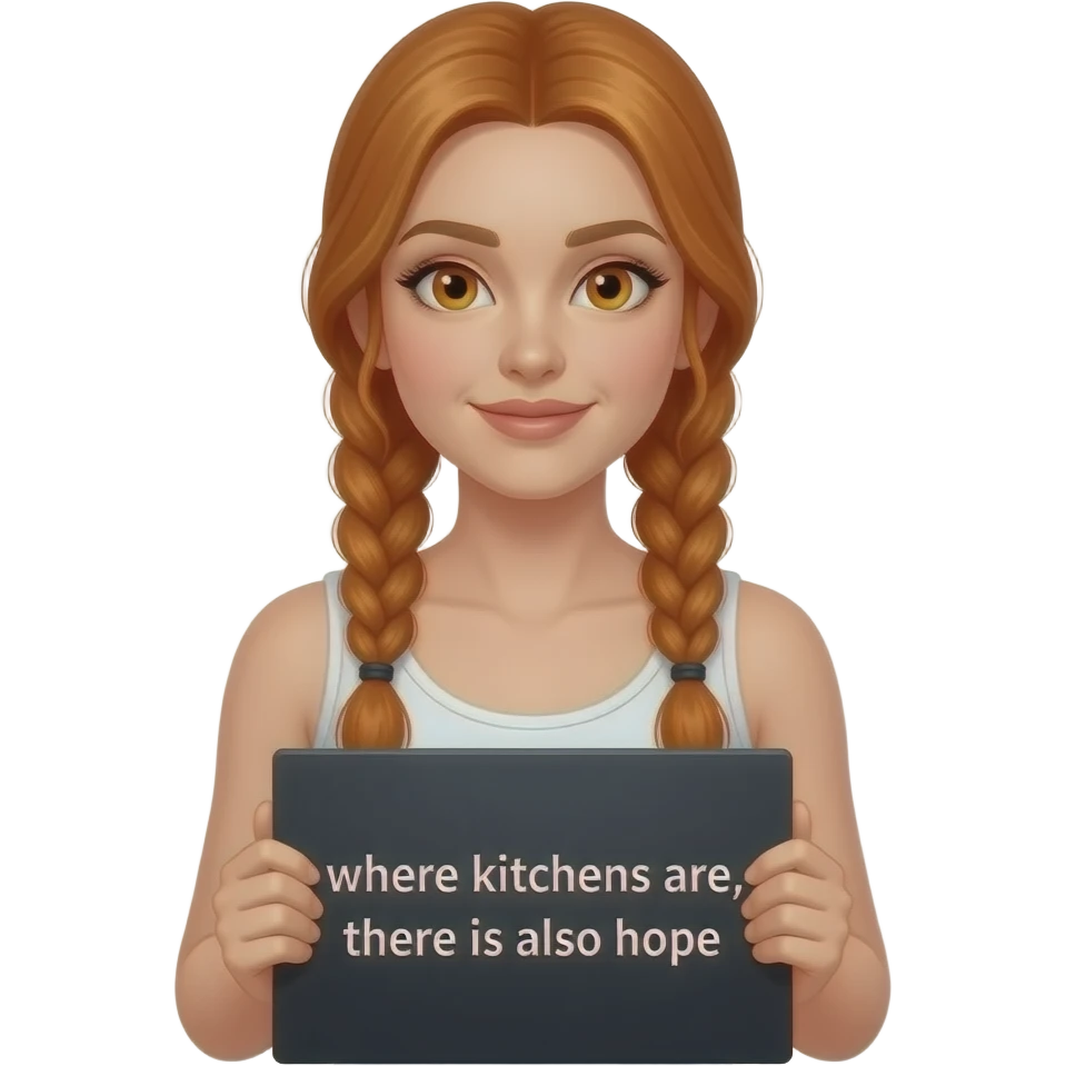 sexy girl with long ginger braids and ginger eyes wearing a white tanktop is holding a black sign with wo KUCHEN ist, da ist auch HOFFNUNG written on it emoji