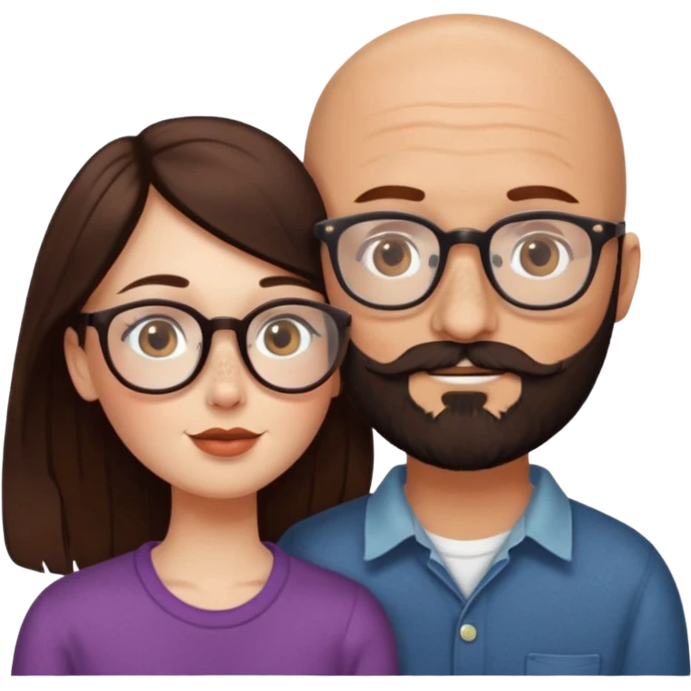 Couple. Bald man with dark brown-black beard. White woman with many small, faded freckles, she has white skin and she has auburn-brown-cinnamon, dark long hair. She has light brown eyes. The man have hazel eyes and the man wear glass. She have light eyes. Retro style. She kisses him. emoji