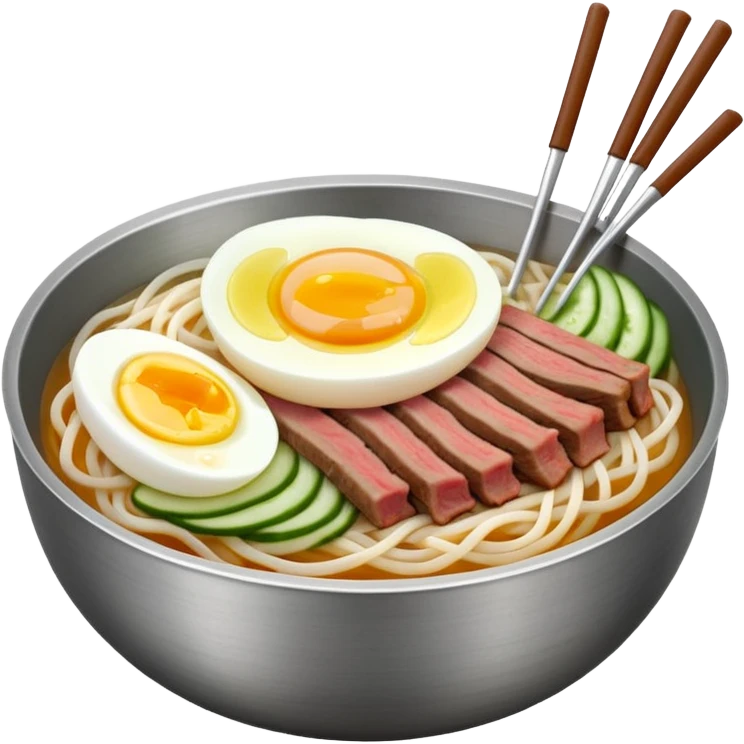 Korean cold noodles (naengmyeon) in a metal bowl, with thin noodles, sliced beef broth, and a half boiled egg on top, julienne cucumber, iPhone emoji style emoji
