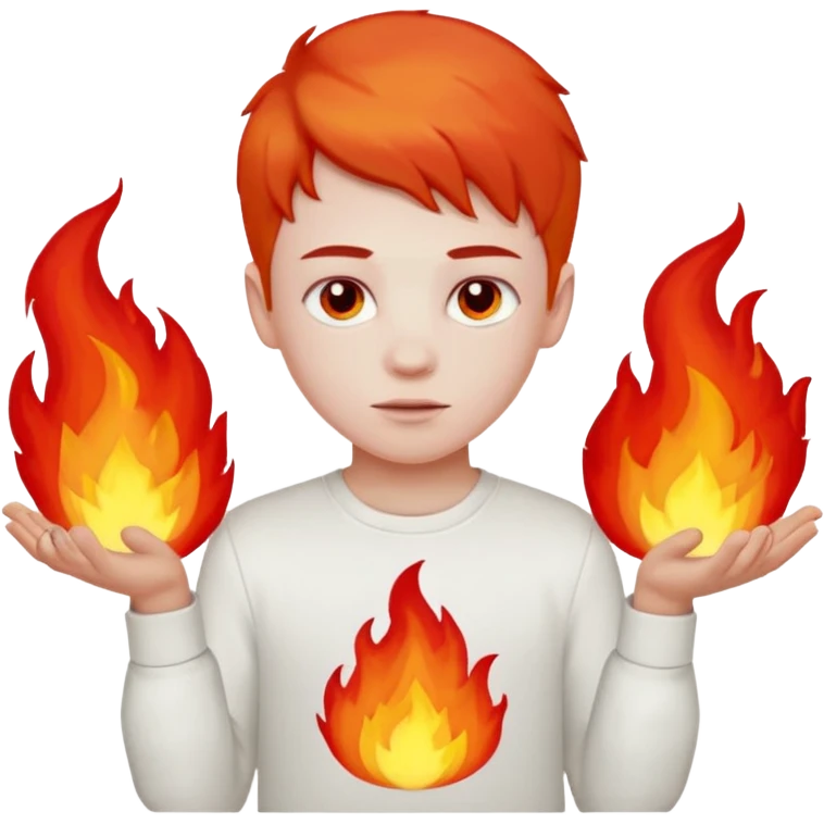 A boy with no hands fire instead made out of red fire and the boy is wearing a white shirt that has a sign that says FIRE CREATOR  emoji