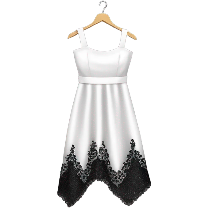 Realistic isolated long fancy beautiful feminine white square neck dress with shiny glitter black sequin lace and split up the leg of the dress on a clothes hanger. emoji