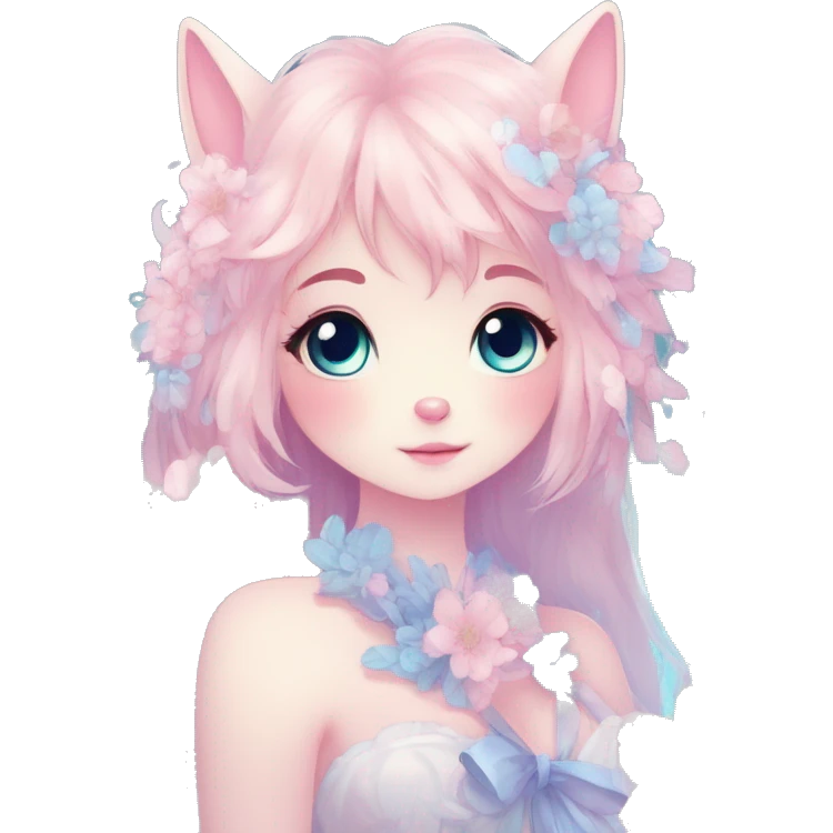 Anthro Cute Cool Blushing Pastel Innocent Shy Kawaii gorgeous sparkly ethereal fantasy anime animal creature with blue eyes furry sona with flowers and ribbons beautiful aesthetic emoji