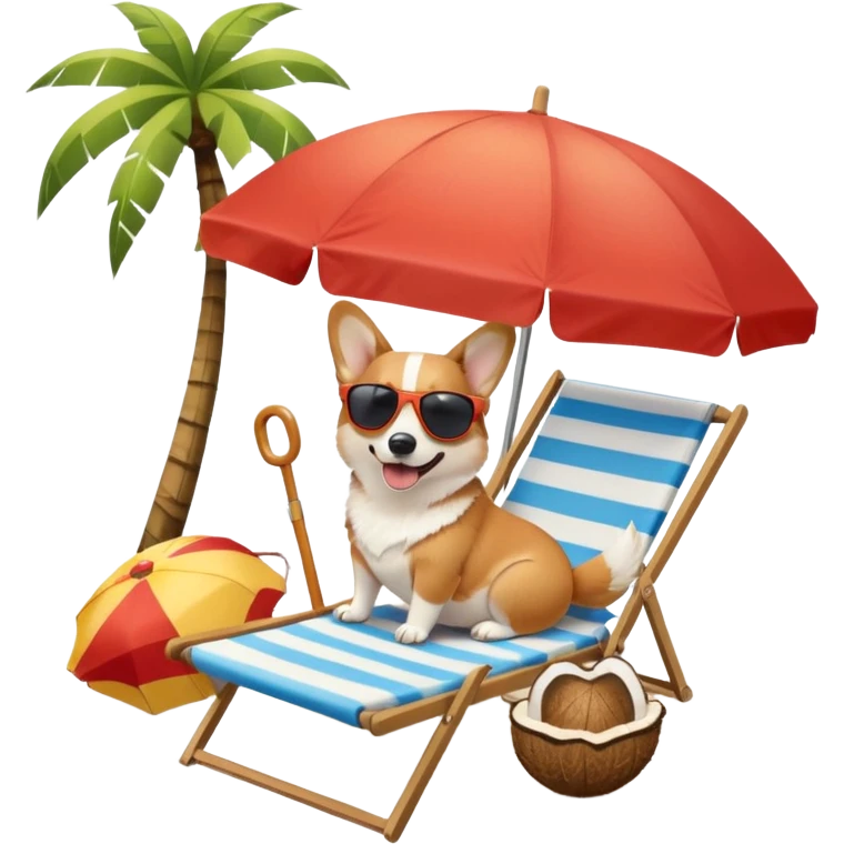 a corgi dog laied on a beach chair, a sunny beach, a sun umbrella, and beach coconut trees. the icon should capture the essence of a relaxing beach vacation with a carefree atmosphere emoji