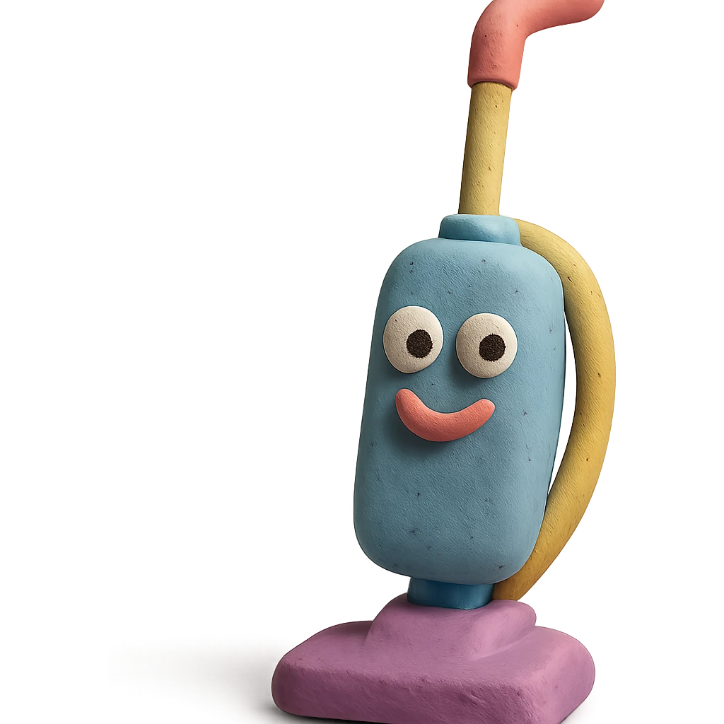 upright vacuum with playful expression in claymation style with pastel colors emoji