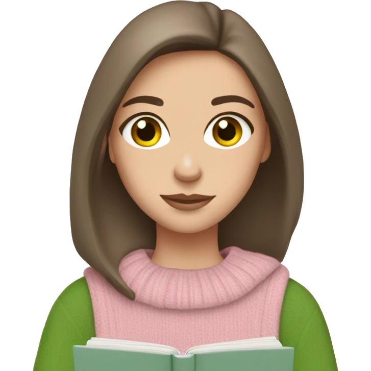 Pretty brunette green eyed white girl with light pink sweater reading cozy emoji