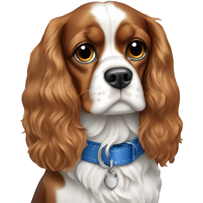 king cavalier Charles dog in a blue collar with fhe own spots on his white nose  emoji