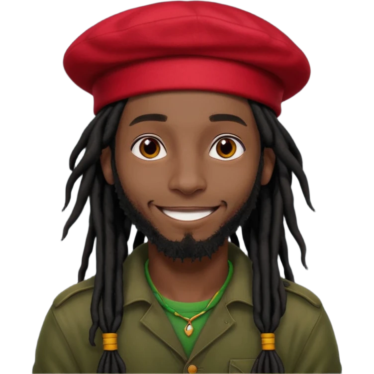 young Black man, long tied-back black dreadlocks, red beret, reggae fashion, smiling emoji