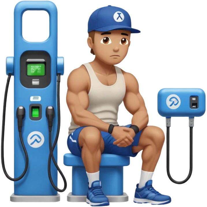 A naked man with bulging muscles sits in a thoughtful pose at a Bluetti charging station. emoji