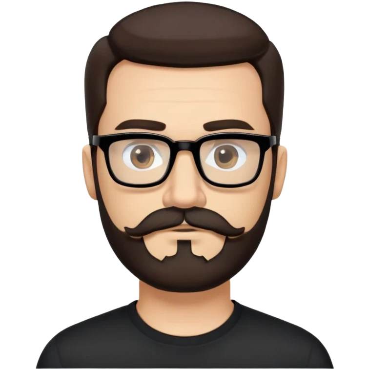 Caucasian male, medium-length hair straight dark brown hair combed back, thick dark eyebrows, rectangular black eyeglasses, full beard and mustache neatly groomed, neutral facial expression, wearing a black crew neck shirt. emoji