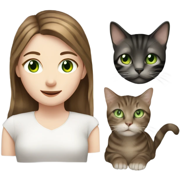 a girl, green eyes, pale skin, two cats (brown, black stripes and white on the neck) emoji