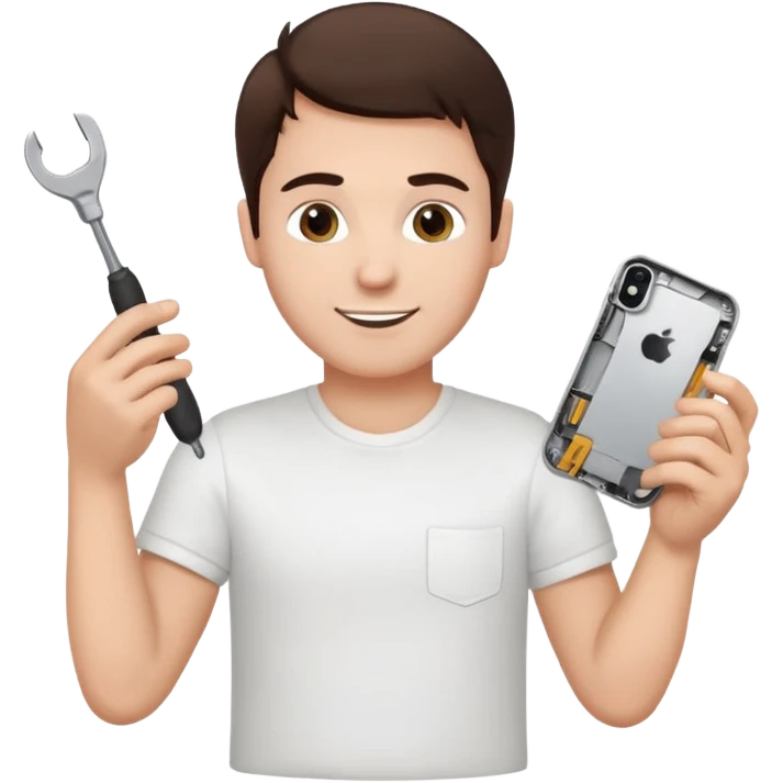 make a white guy with dark brown hair, with a simple white o grey shirt, repairing an iphone happy, tecnician with small tools emoji