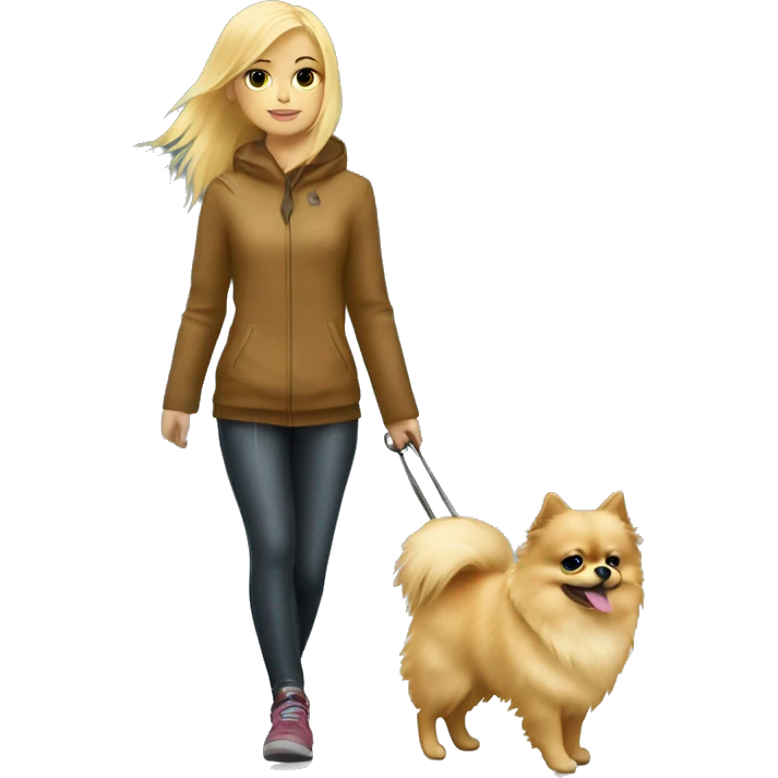 Blonde girl walking little pomeranian under the rain emoji