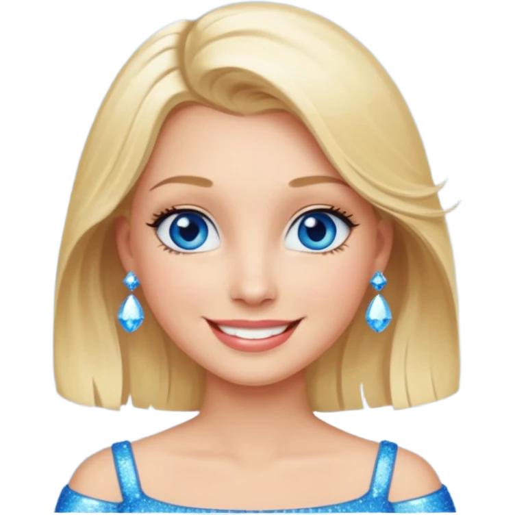 make this real, blond, below shoulder, blue eyes, 50s, sparkle in the eyes, fun, smile, no earings, relaxed style emoji