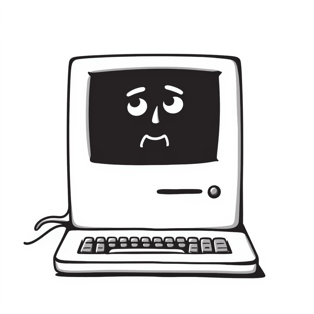 Pixel art style old Macintosh computer with a sad glitchy face on the screen, simple monochrome linework emoji