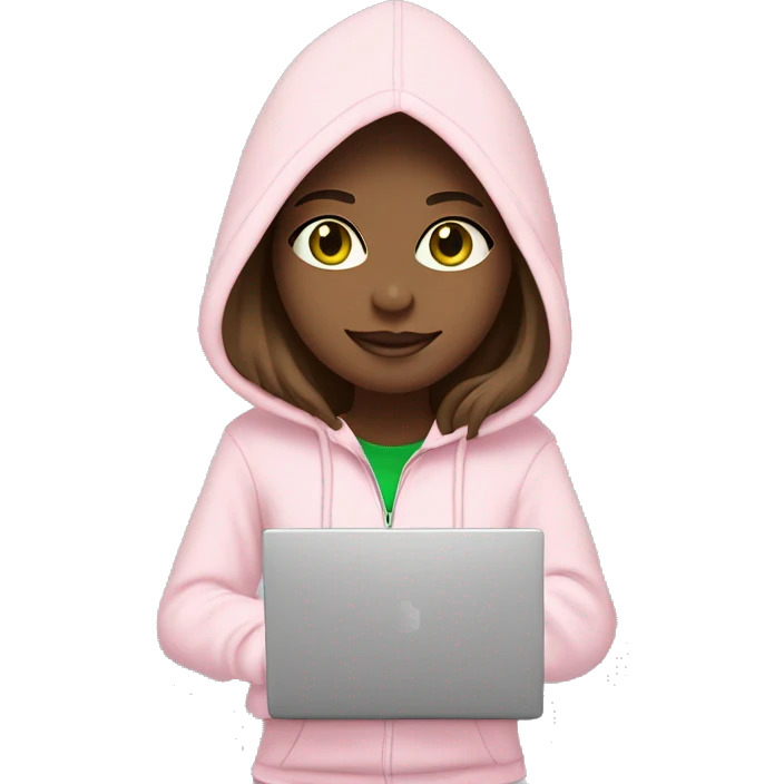 a girl with brown long hair, light beige skin, green eyes, is working relaxed at a modern laptop in a monochrome pale pink zip hoodie with a hood and a pink monochrome T-shirt emoji