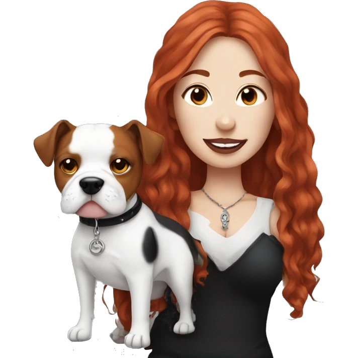 Long Red haired woman with septum piercing holding black and white English Staffordshire dog emoji