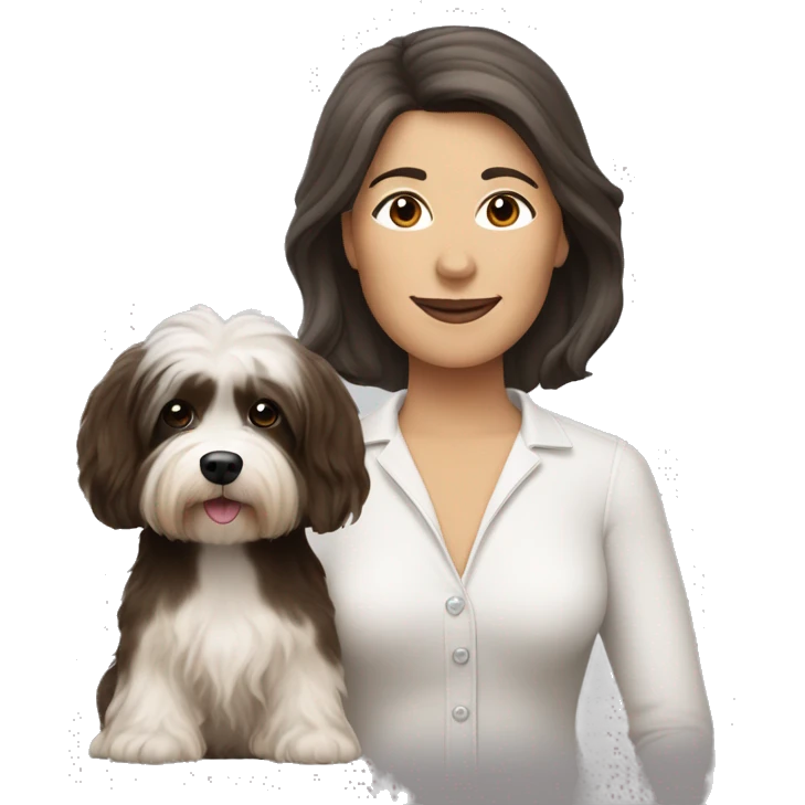 tan skinned middle aged woman with brown hair, with black and white havanese dog emoji