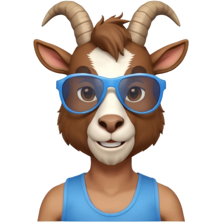 3D cartoon goat man portrait, head and shoulders, brown fur, small horns, blue reflective sunglasses, slight smile, tank top, soft lighting, centered, clean background, no text, no watermark
 emoji