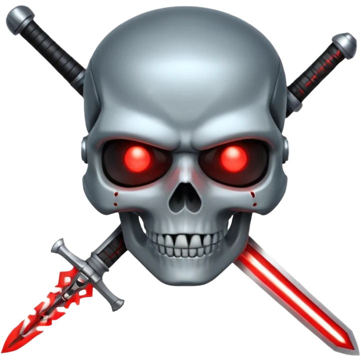 Sci-fi shield badge, terminator style skull, glowing red eyes, crossed futuristic sword energy, starwars light sable, no background emoji