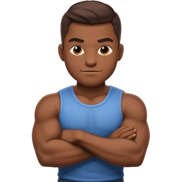 A confident, muscular cartoon male character with dark skin, crossed arms, smirking expression, bold, minimalistic lines, warm shadowing, stylized as an emoji icon. emoji