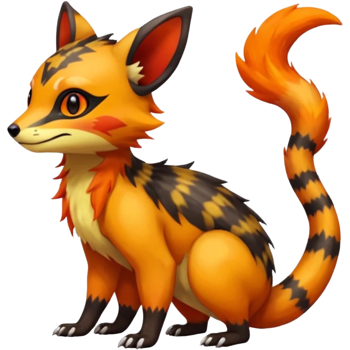 Rare warm-colored exotic cute epic aesthetic colorful Salandit-Eevee-Civet-species-Fakemon-hybrid-creature, with markings, full body emoji