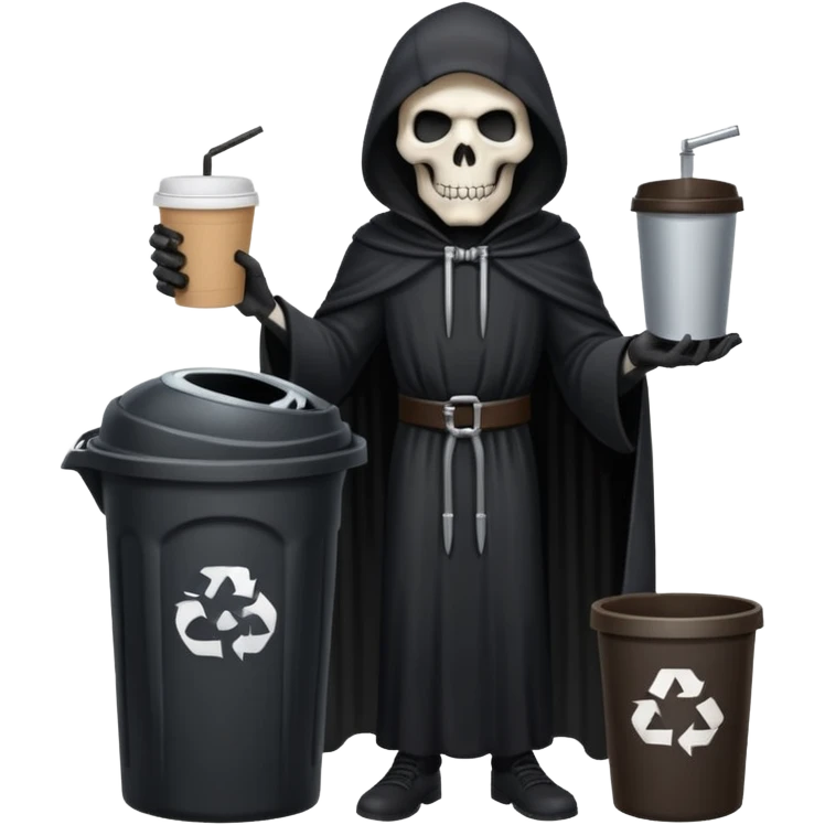 grim reaper with a coffee and trash can with papers  emoji