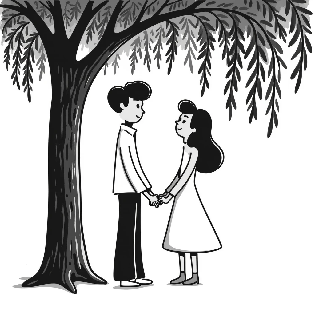 Hand-drawn romantic scene with two people holding hands under a tree emoji