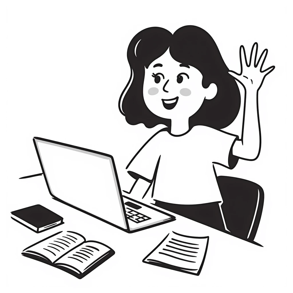 A smiling musician sitting at a desk with a laptop, raising hand during class emoji