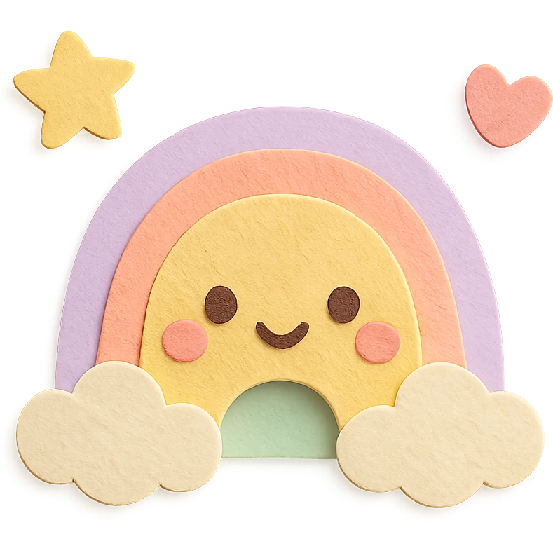 kawaii tiny rainbow with floating star and heart around, no arms, no legs, full body, soft pastel kawaii paper craft style emoji