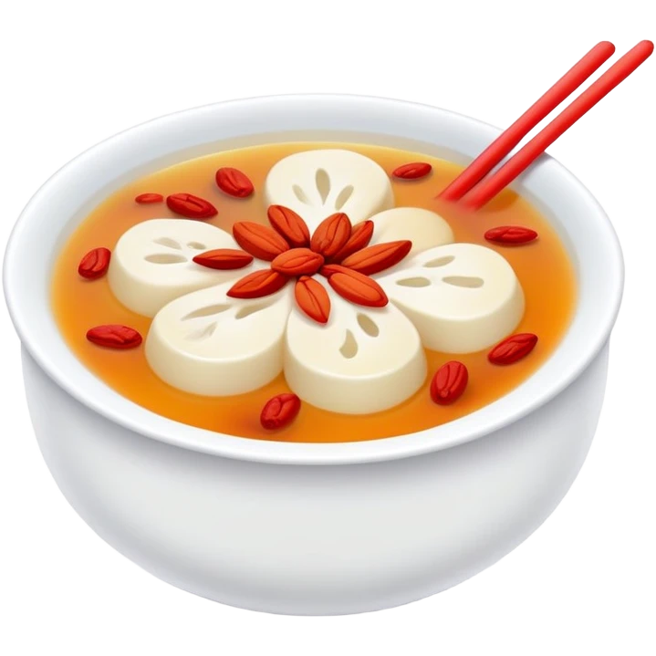 Sweet white fungus soup with red dates and goji berries, simplified emoji style with bold outlines and bright colors, cartoon style Yin Er Tang dessert emoji