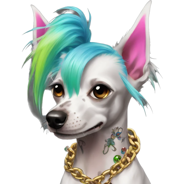 Punk Chinese crested dog neon rainbow hair gold chain punk piercings tattoos punk ear piercings emoji