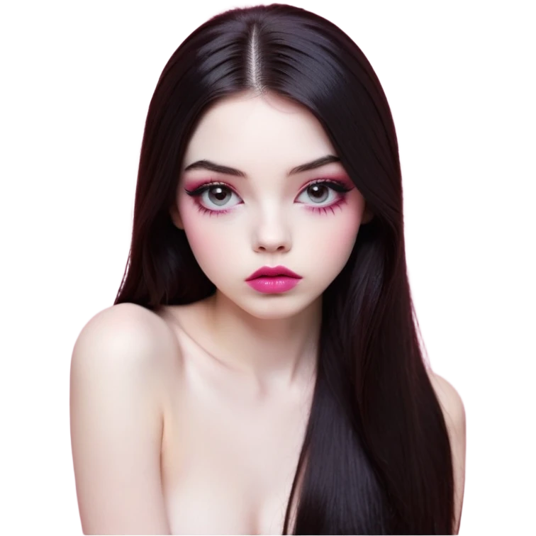 girl with white skin, dark brown long realistic straight hair with middle part prominently falling in front of her body over her shoulders, very big pouty extremely glossy ultra-shiny lips with nude reddish-pink lip gloss and absolutely no cupid's bow, big round eyes with very black shiny eyeballs and huge eyelashes, no eyeshadow, pink blush on cheeks, lighter button nose, exceptionally elongated very long oval-shaped face, wearing a pink off-shoulder top, looking directly at camera with hands down at sides emoji