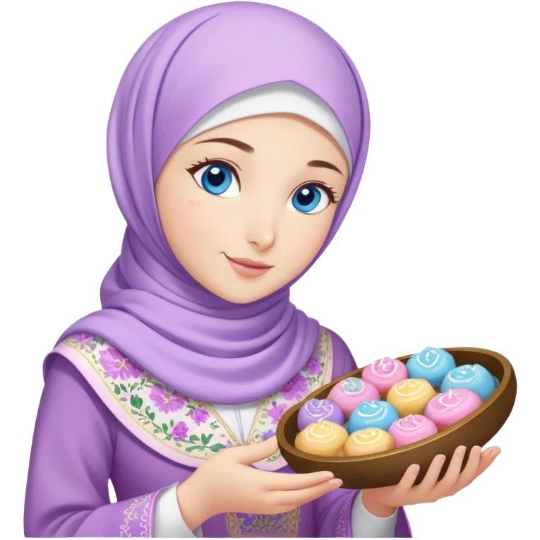 Turkish beautiful finish Konya girl blue eyes with lilac floral hijab islamic dress and had on her hand text Eid Mubarak with sweets and celebrating with her friends eid days   emoji