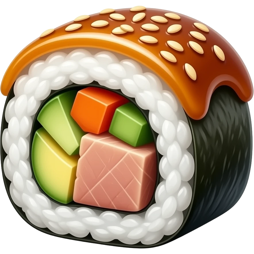 Korean tuna gimbap, realistic, sliced roll, tuna filling, colorful vegetables, sesame oil shine, sesame seeds, clean background, studio lighting emoji