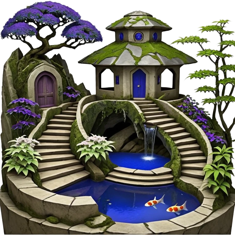 Alien saucer house jungle-vines precarious narrow stairway fountain koi pond mountain-island getaway nighttime landscape antique mudman very old broken cracked intricate Stone Age lapis-crusted irregular dodecagon-shaped shallow dark moss rough bark violet serissa flowered maple tree bonsai pot emoji