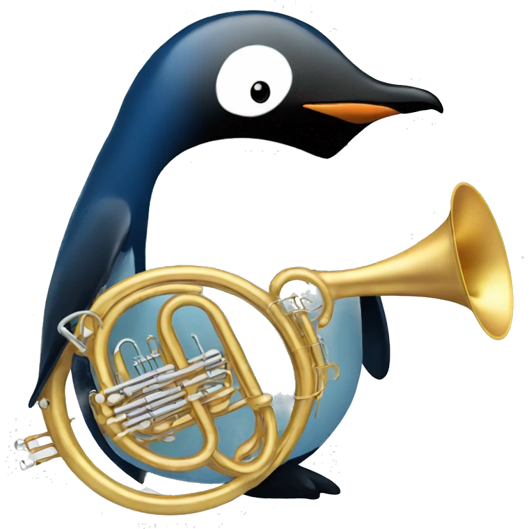 Penguin playing a blue French horn  emoji