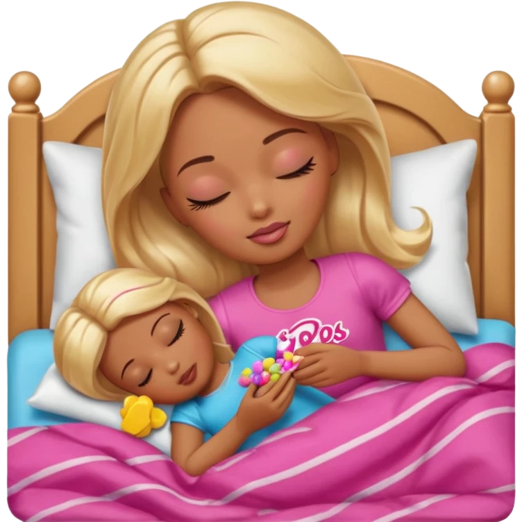 Brown skin blonde hair Barbie sleeping in bed with eyes closed with candy emoji