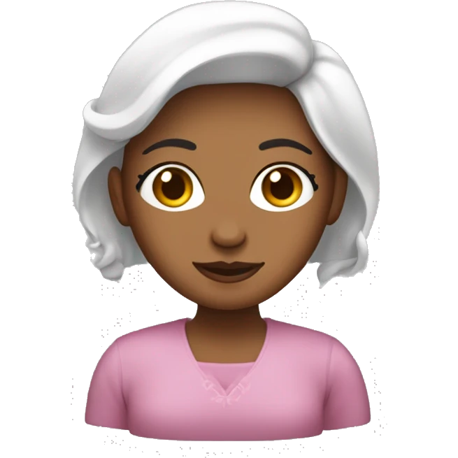 mujer cabello castaño piel blanca con ojos grandes cafe, con una laptop y vestida de rosa emoji