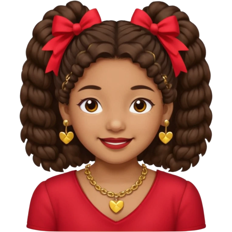 Brownskin girl dark brown hair fluffy. pigtails with red bows brown eyes smiling closed mouth red shirt gold esrrings gold necklace emoji