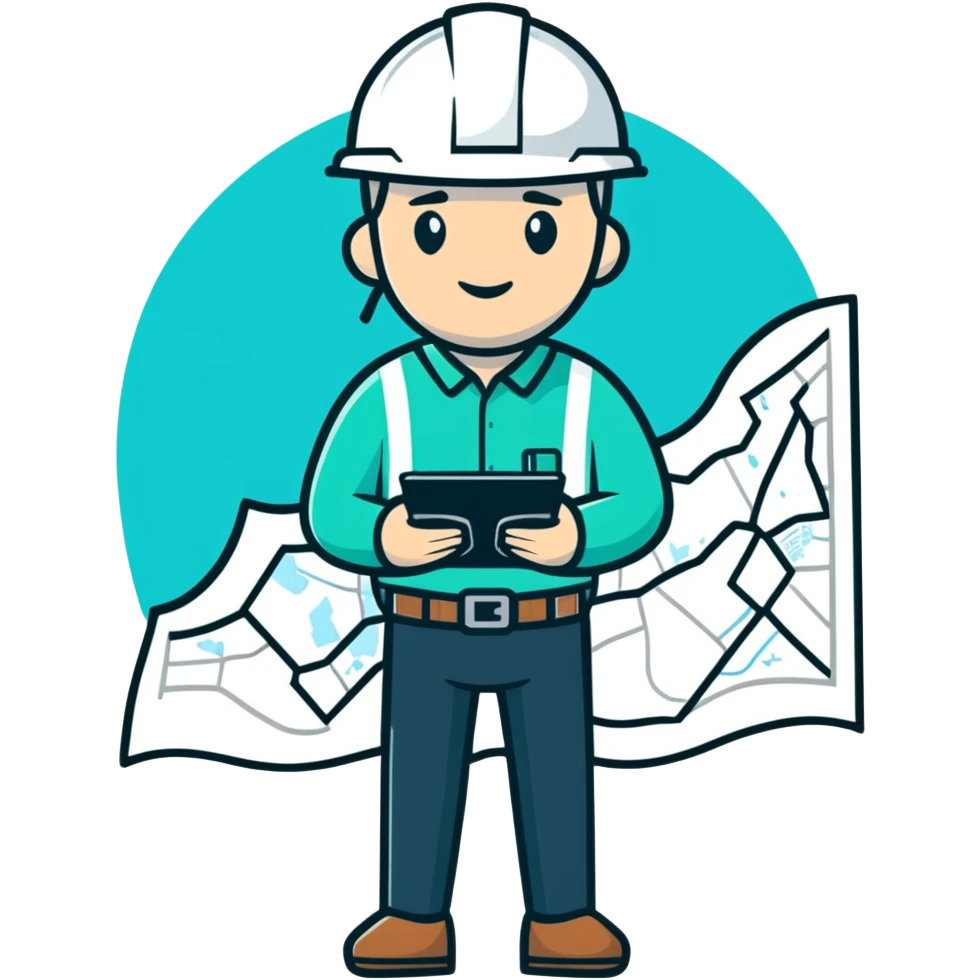 Male engineer or geologist with map or tablet, minimalist design with soft gradients in sky blue, teal green, white, and light gray emoji
