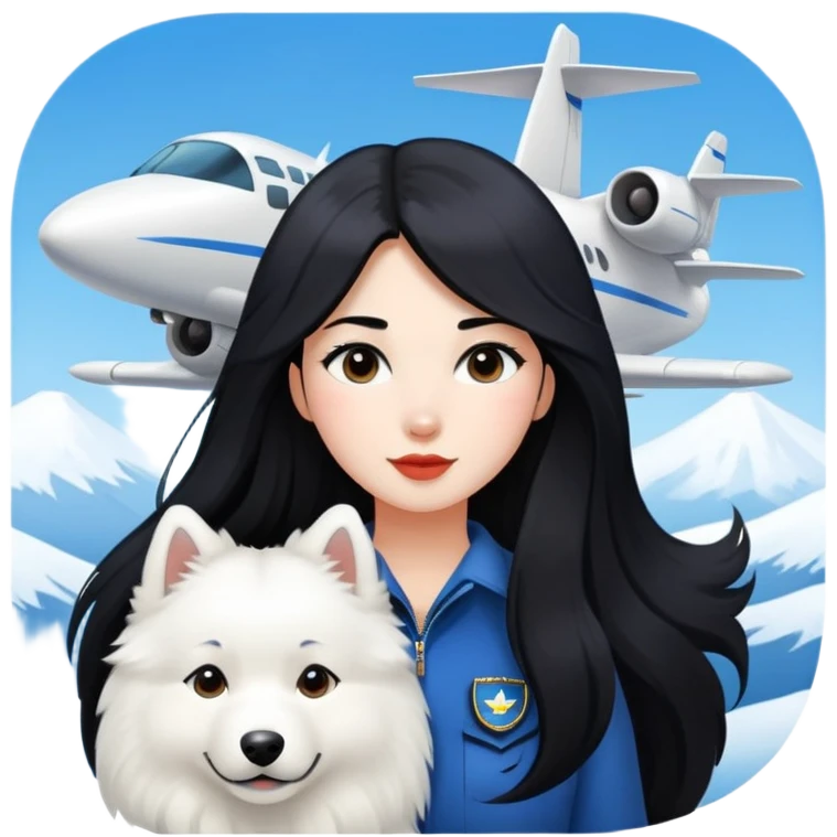 a aviation girl with long black  hair and a samoyed emoji