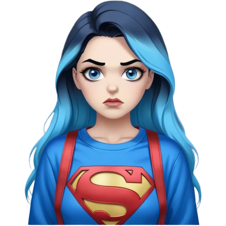 Female-Very tall-very very very large chest-really angry-waiting for a text-very long straight flat black to sky blue hair ombre-blue eyes-black eyeliner-long eyelashes-iridescent superman sweatshirt with glitter superman logo-overalls-lip pierced emoji