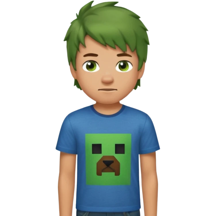 A 14 yerar old teenage boy, slightly tanned, wearing a green minecrcaft tshirt, blue jeans and green sneakers with brown tousled hair, smirking emoji