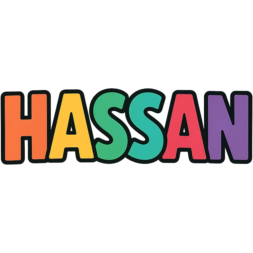 the name 'Hassan' in colorful outlined comic style, Slack emoji style, transparent background emoji