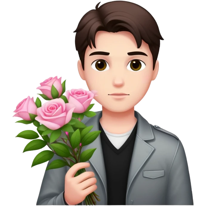 A cool bad boy with fair skin holding a bouquet of pink jasmine roses emoji